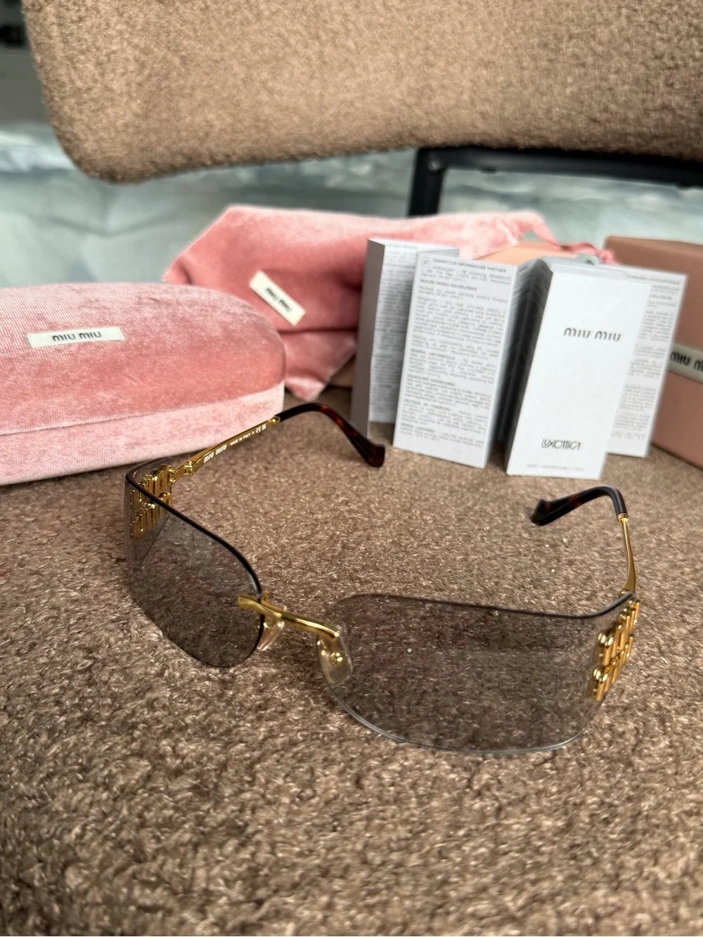 Miu Miu Gold Rim Shield Sunglasses with Pink Velvet Case